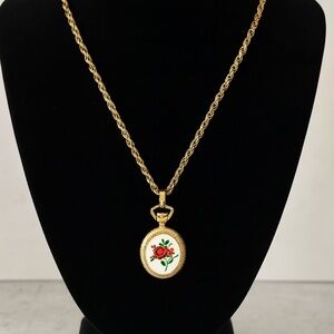 Vintage Sutton Gold Tone Watch Pendant on 30” Rope Chain * EUC